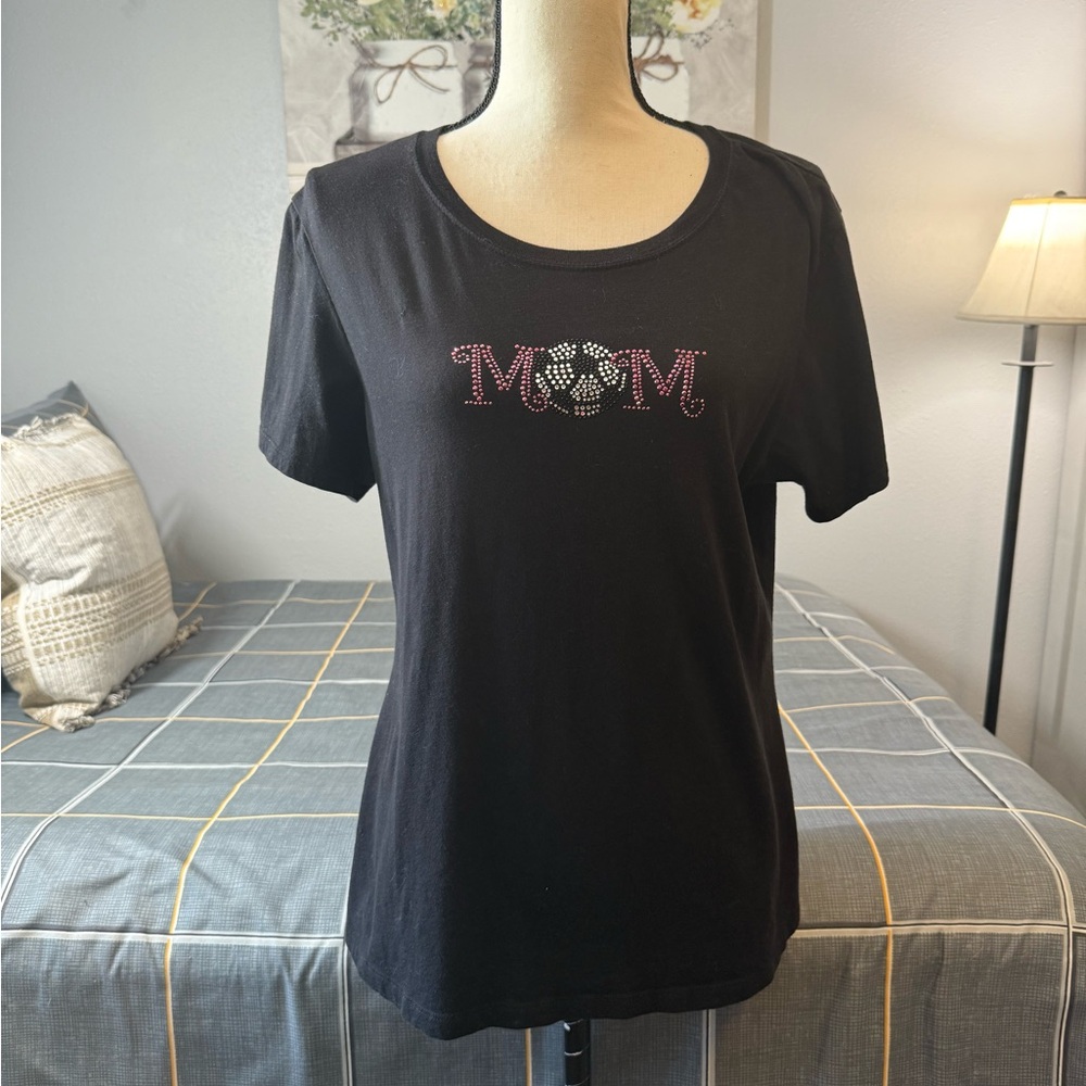 🏈The Rhinestone People Black Soccer Mom T-Shirt with Rhinestones L/New Size L